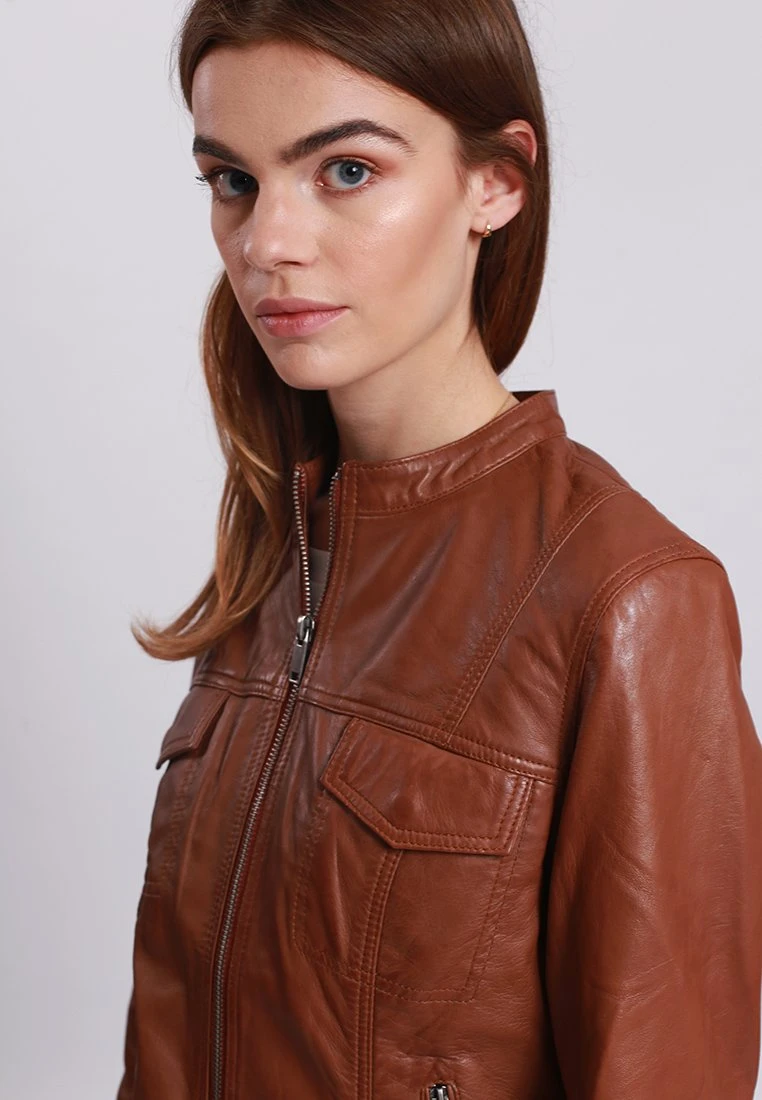 Lee Cooper Leather Jacket With Round Collar - 2 Zipped Side Pockets - - Veste En Cuir - Cognac 6 Lee Cooper Leather Jacket With Round Collar - 2 Zipped Side Pockets - - Veste En Cuir - Cognac – Image 4