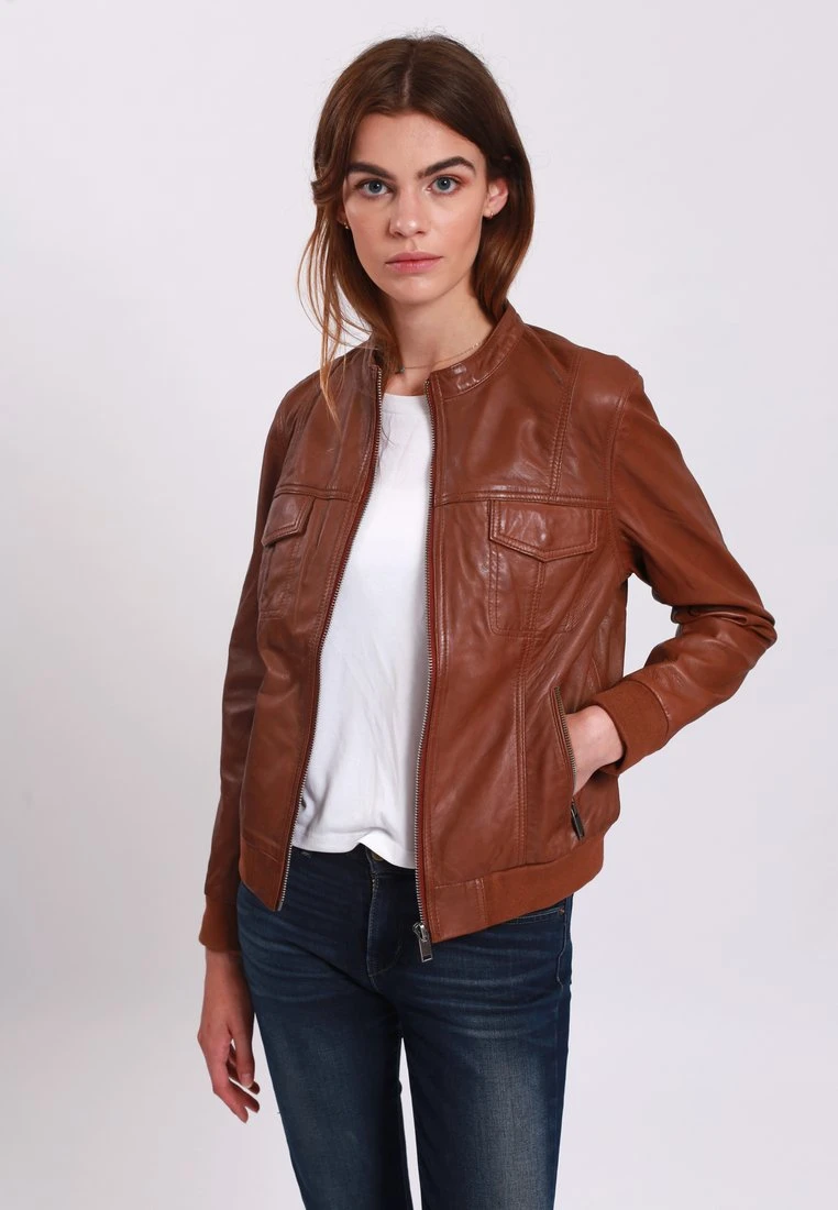 Lee Cooper Leather Jacket With Round Collar - 2 Zipped Side Pockets - - Veste En Cuir - Cognac 3 Lee Cooper Leather Jacket With Round Collar - 2 Zipped Side Pockets - - Veste En Cuir - Cognac