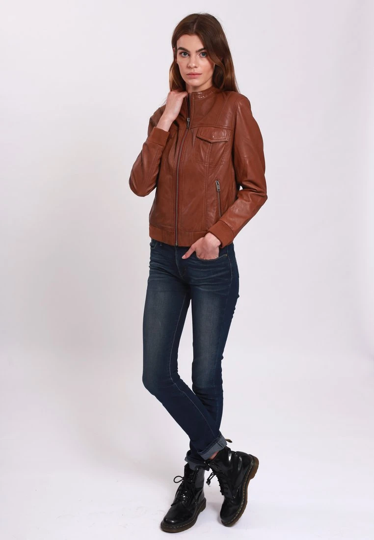 Lee Cooper Leather Jacket With Round Collar - 2 Zipped Side Pockets - - Veste En Cuir - Cognac 4 Lee Cooper Leather Jacket With Round Collar - 2 Zipped Side Pockets - - Veste En Cuir - Cognac – Image 2